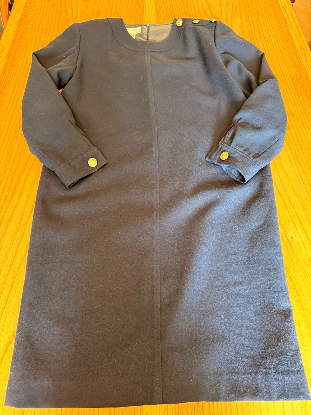Vintage Pure Wool Selina Navy Midi Dress with Button Detail
